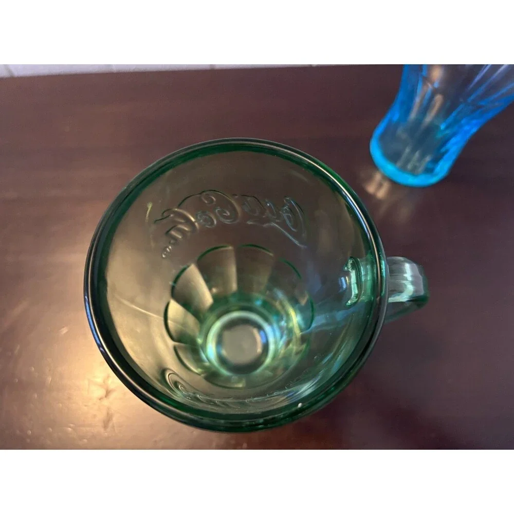 Vintage Coca Cola Libbey Glasses Set of 2 Green Handle Blue Tinted Coke